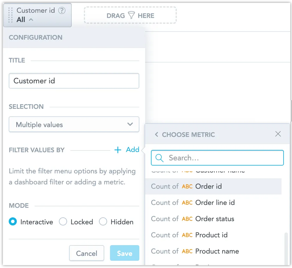 Attribute Filter configuration dialog where a filter is being refined using a metric.In the Filter configuration dialog, click the Add button next to the Filter values by option, then select a Metric.