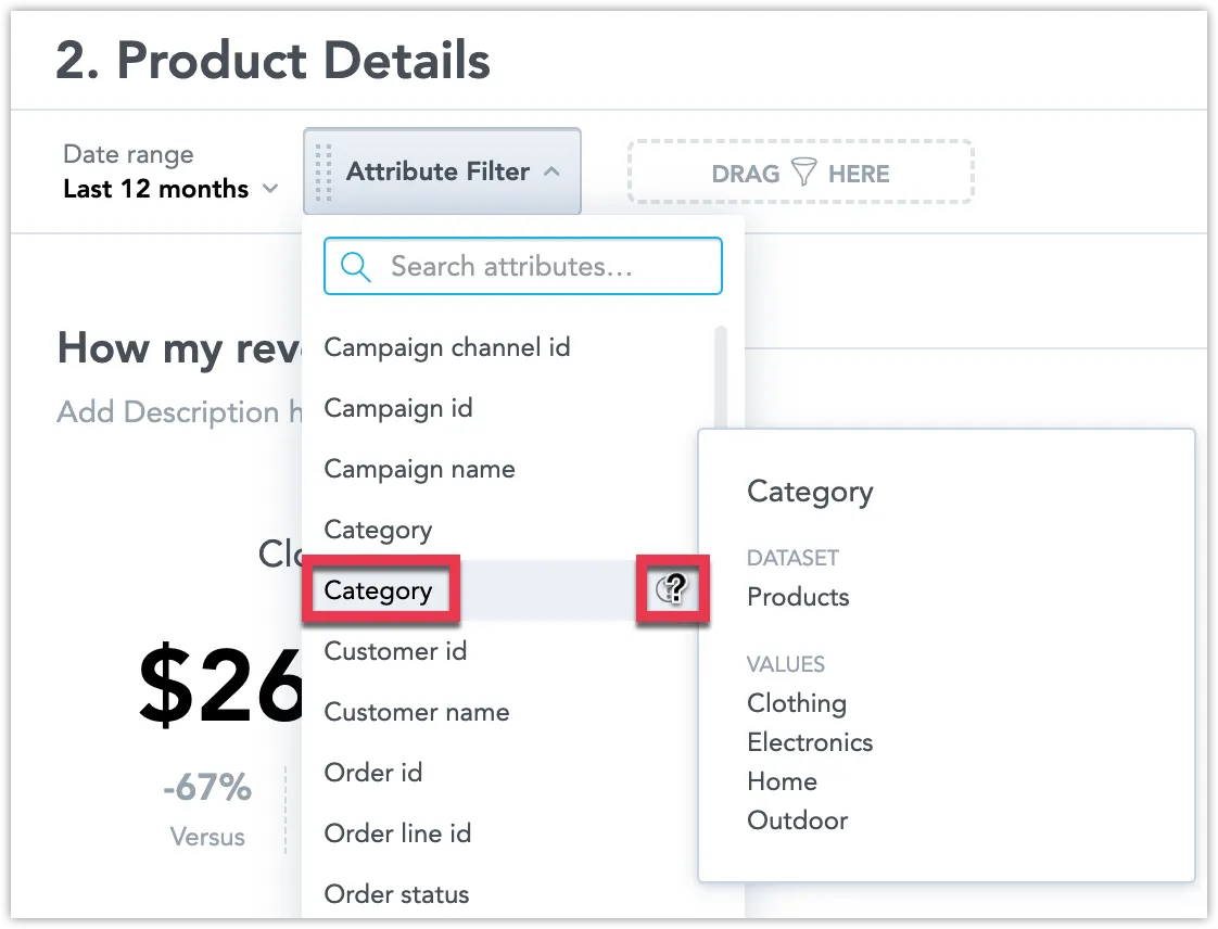 The dropdown menu of an Attribute Filter shows a list of available attributes with Category selected. Hovering over the question mark icon to the right of the attribute title shows a preview of dataset values.