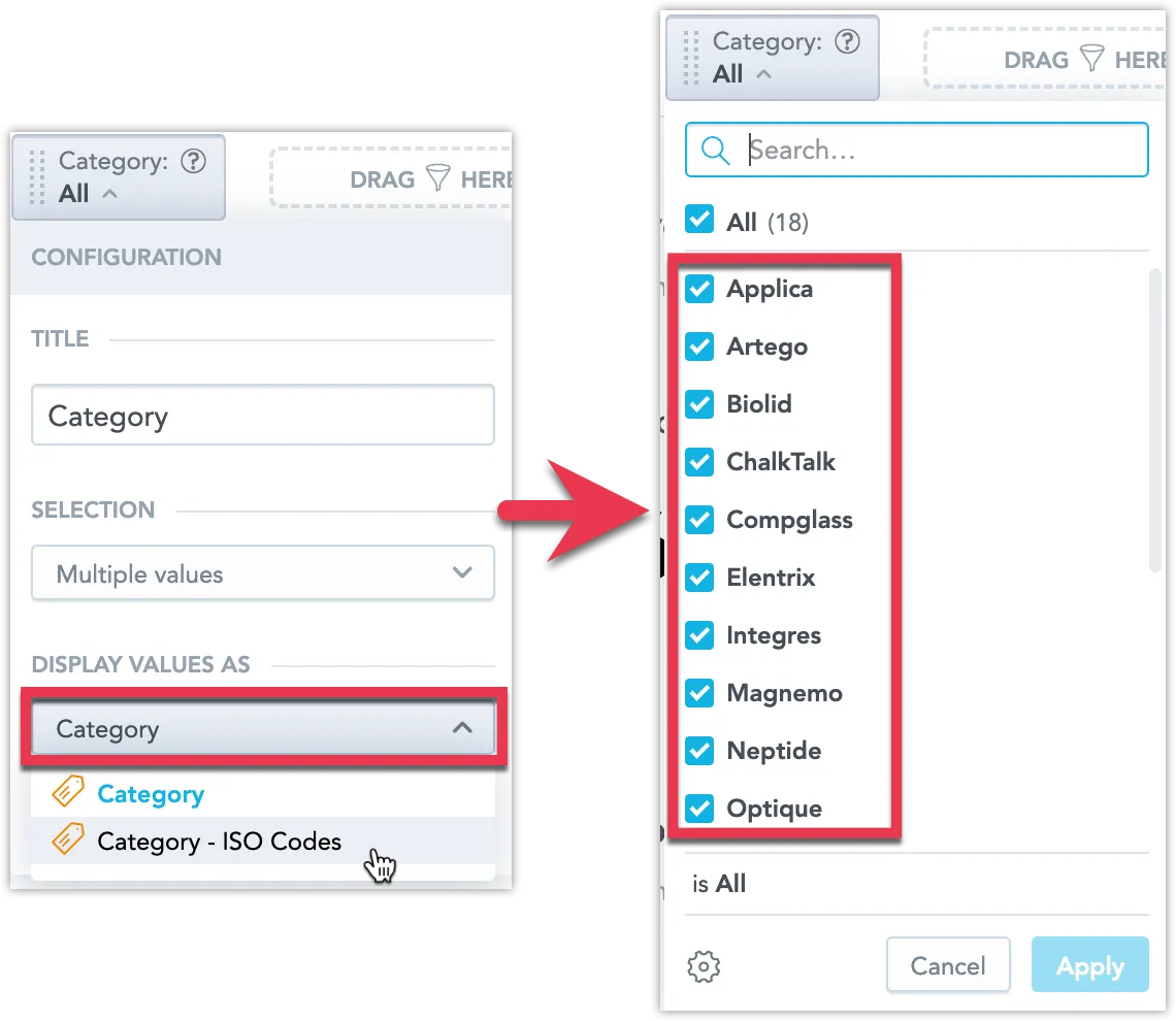 In the Attribute Filter configuration dialog, the Display values as section is expanded with Category and Category ISO codes available as label options. Depending on the selected label, the filter will either show names of categories, or their ISO codes, respectively.