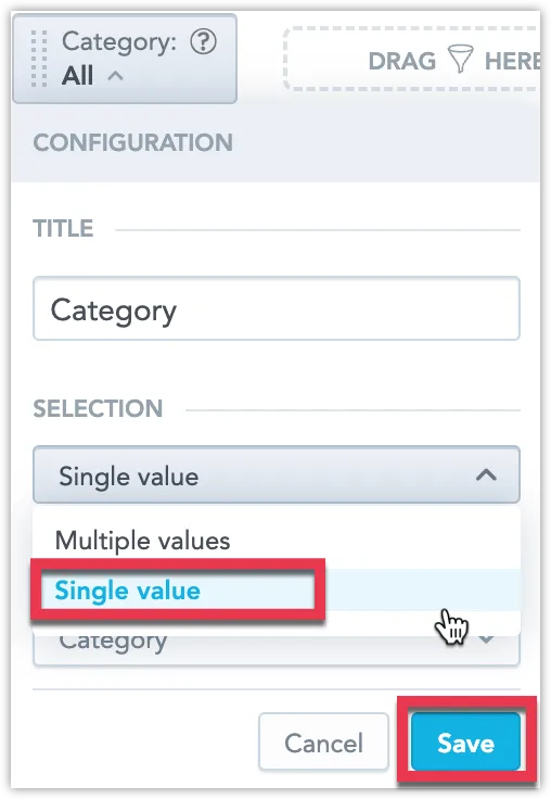 The configuration dialog for an Attribute Filter where the Selection type dropdown is expanded and Single value is highlighted.
