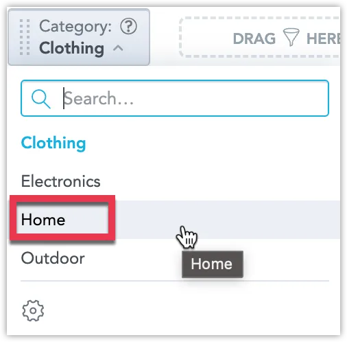 Attribute Filter showing a single selection mode with Home highlighted from a list of category options.