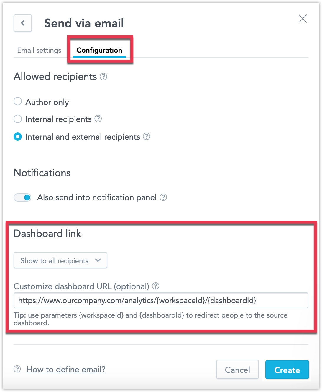 The configuration tab in the email destination creation dialog, highlighting the custom dashboard URL field.
