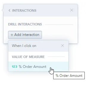 The Interactions dialog shows a new interaction being added. The metric % Order Amount is selected in the When I click on dialog.
