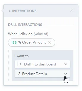 The Interactions panel shows Drill into dashboard selected as the action. The target dashboard Product Details is chosen from the dropdown.