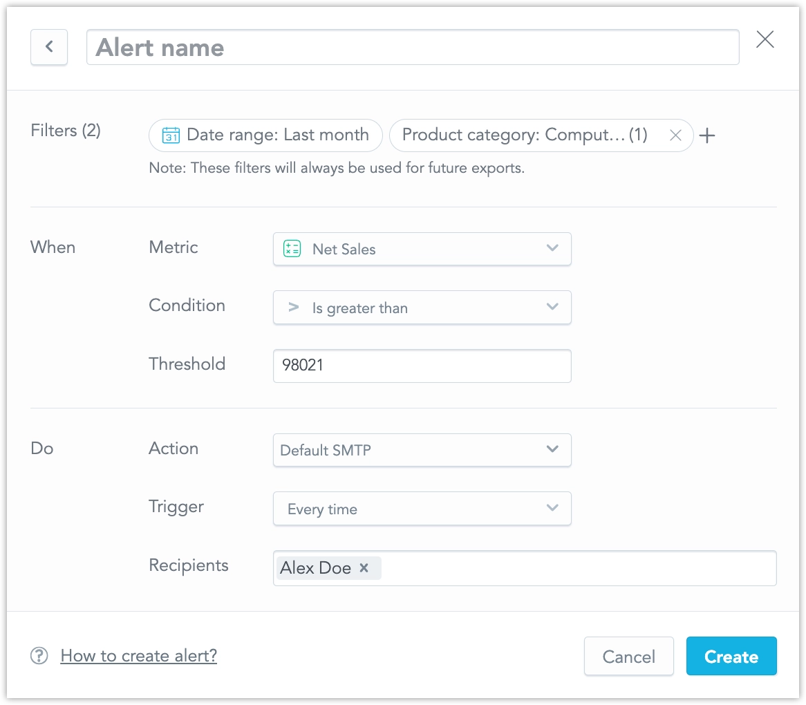 The alert creation dialog.