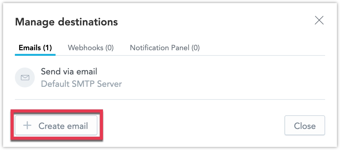 Email destinations tab in Settings, highlighting the “Create email” button to start configuring a new email delivery method.