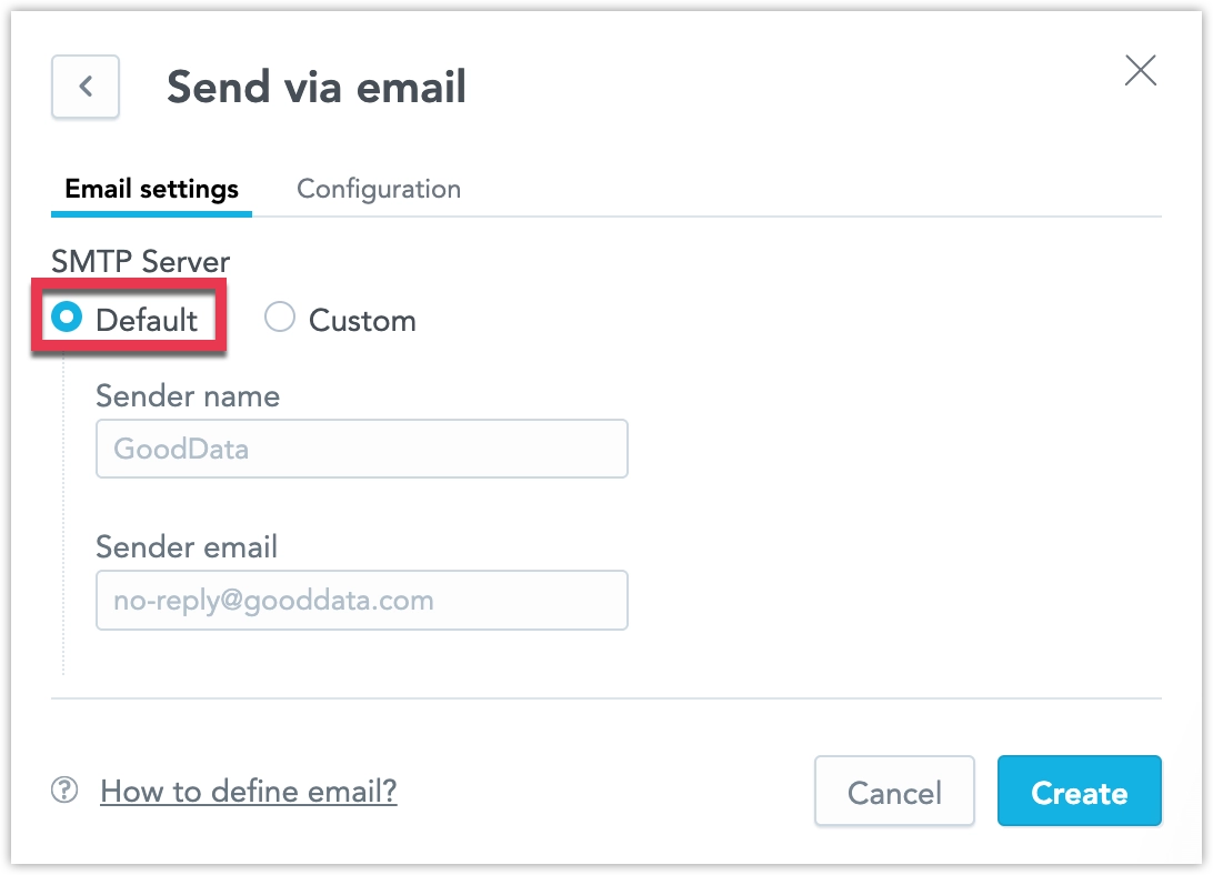 Email destination setup using GoodData’s default SMTP server with sender information prefilled and the “Create” button highlighted.