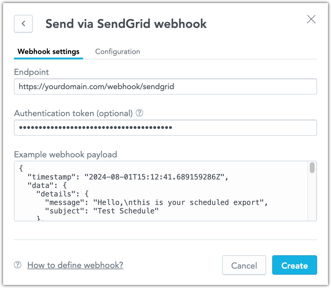The Create webhook dialog, with prefilled dummy values for the SendGrid emailing service endpoint.