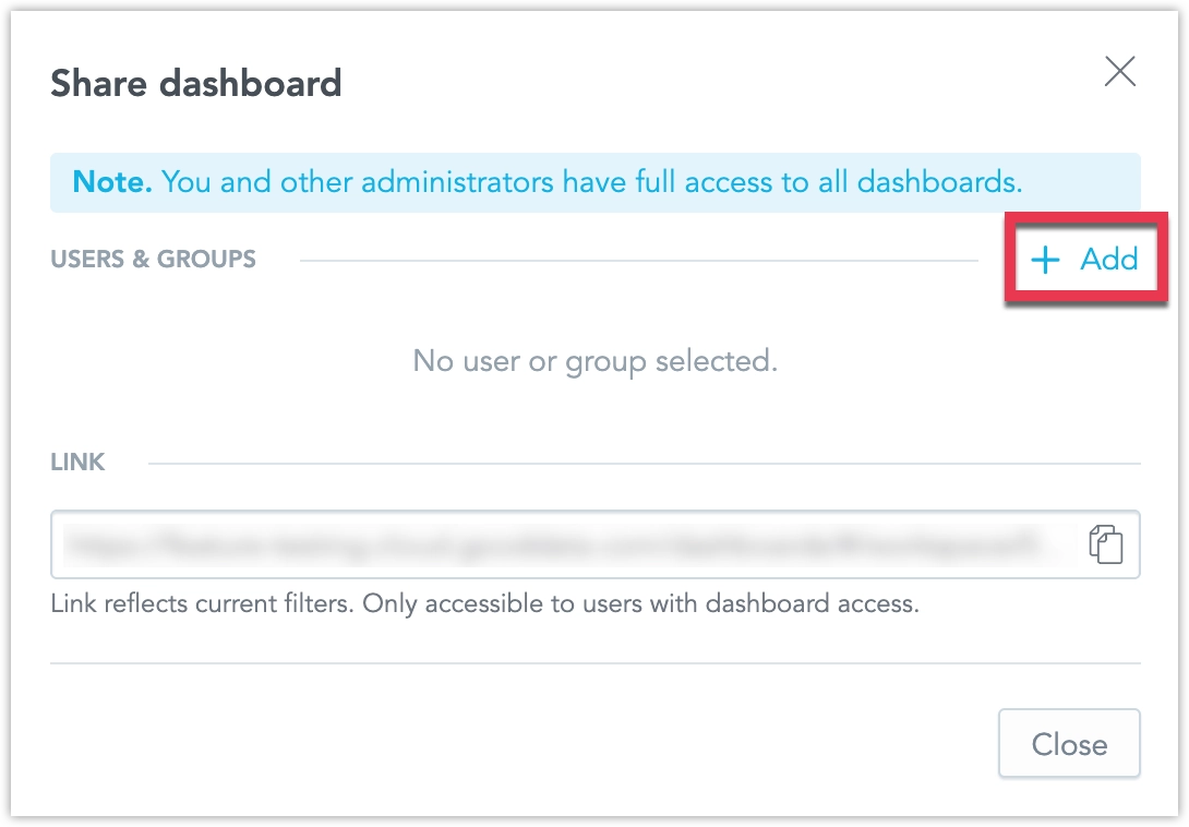 Share dialog with no users selected and the Add link highlighted for adding new users or groups.