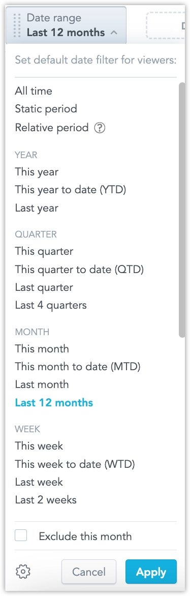 Preset date filter options with categories like year, quarter, month, week, and day. The Last 12 months option is selected.