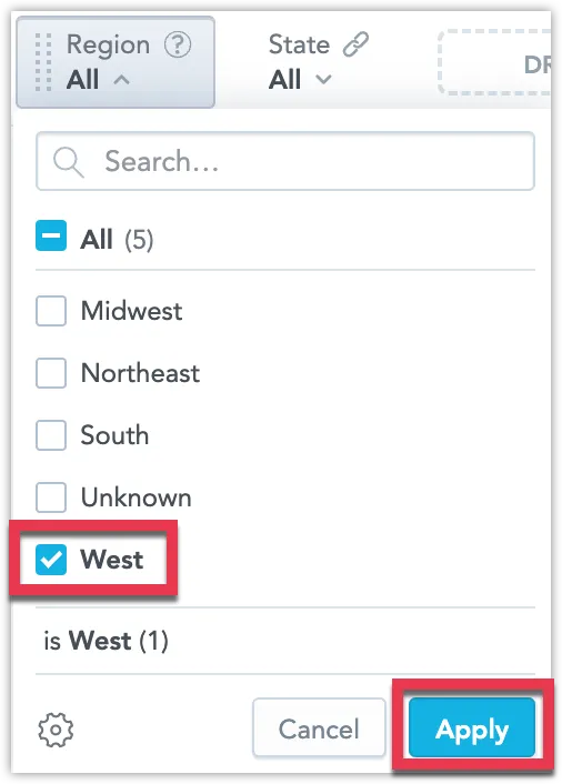 Dropdown list for Region filter with five selectable regions, where West is checked, and the Apply button is highlighted.