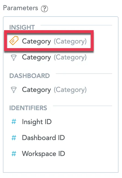 In the Parameters dialog, the attribute labeled Category is highlighted.