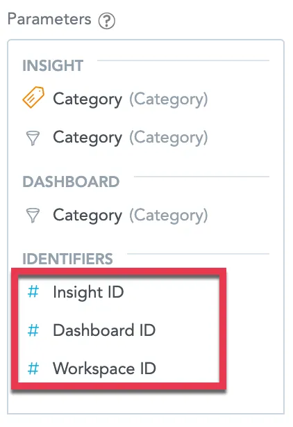 In the Parameters dialog, the identifiers section with Insight ID, Dashboard ID, and Workspace ID is highlighted.