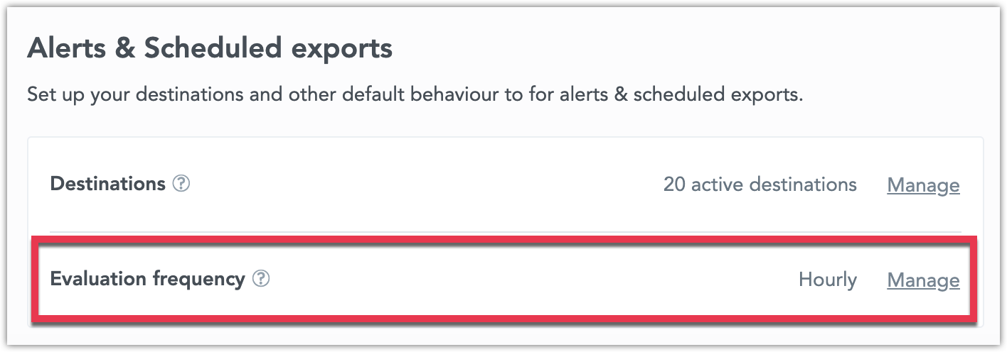 The Settings page with the Evaluation frequency section highlighted in the Alerts & Scheduled Exports section.