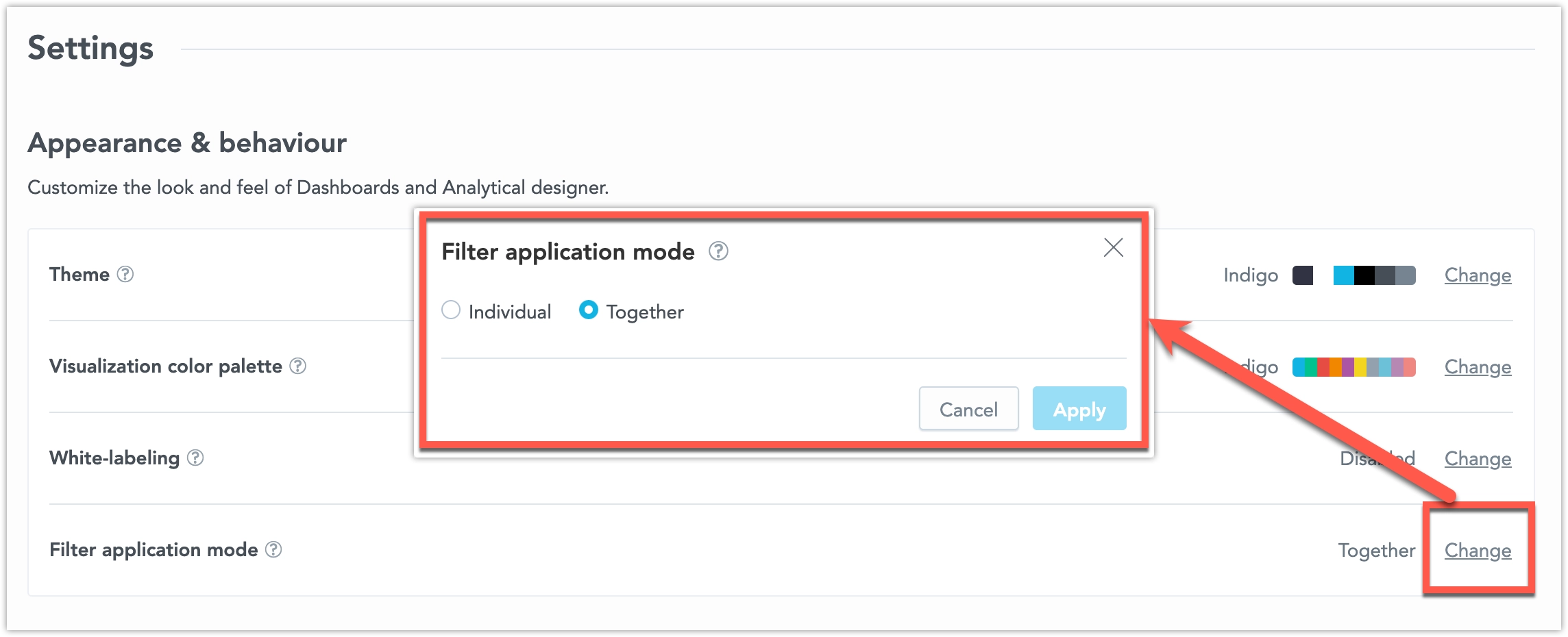 The Filter Application Mode option in the Settings.