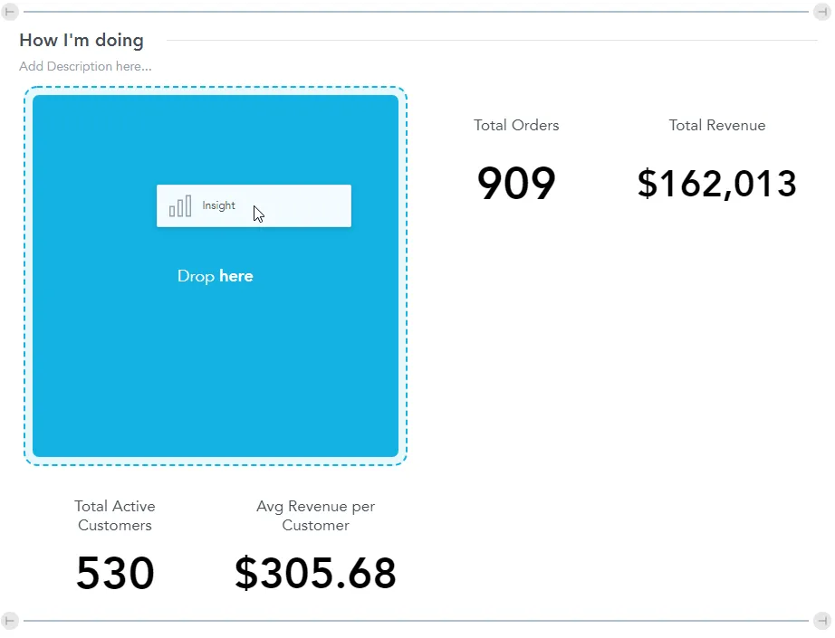 User dragging a visualization into an existing section of the dashboard.