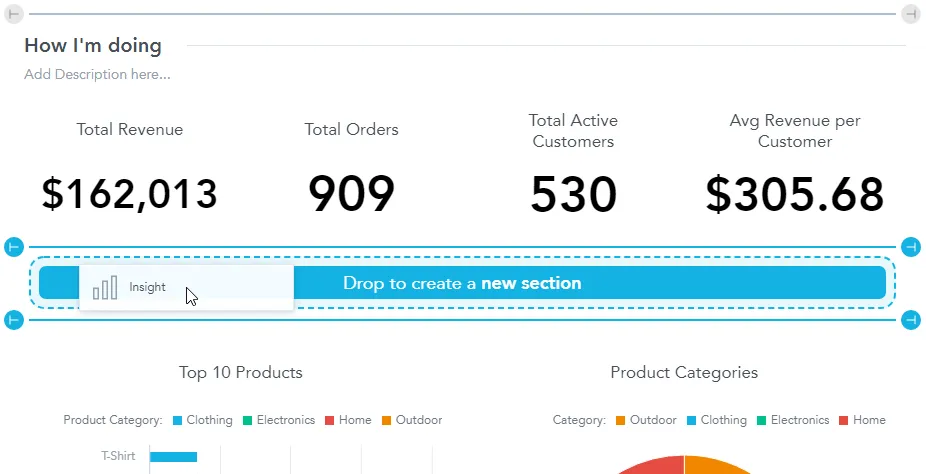 User dragging a visualization into a new section area on the dashboard layout.