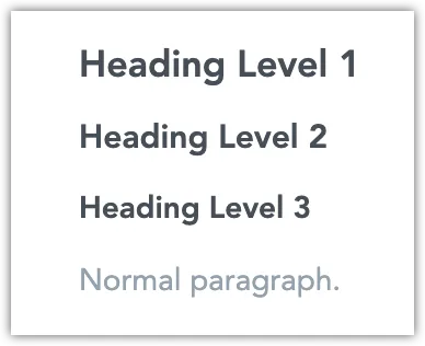 Examples of heading levels 1 to 3 and a normal paragraph in a Rich Text block.