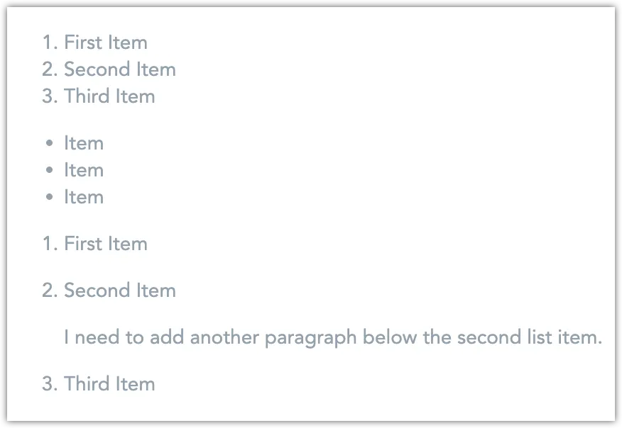 Rich Text block showing ordered and unordered lists, with nested content under a list item.
