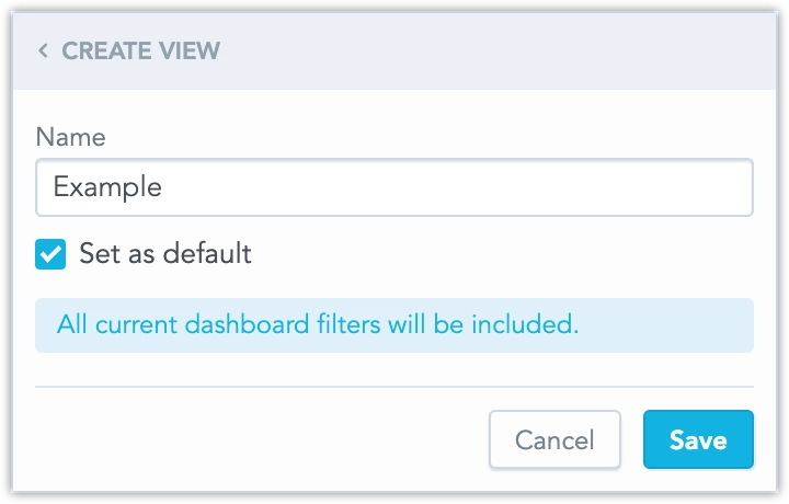 Clicking Create view opens a dialog with the option to name the new Saved view. The Set as default checkbox is visible below.