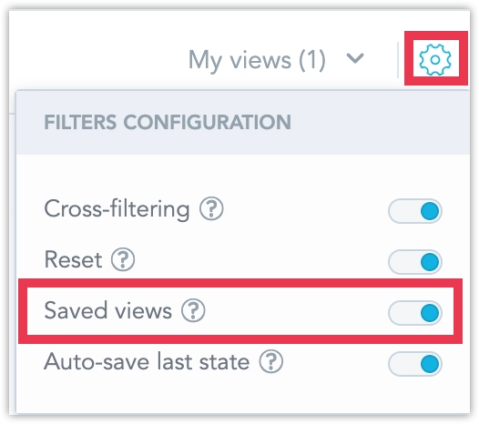 The Filters Configuration dialog with multiple toggles. The Saved views toggle is highlighted.