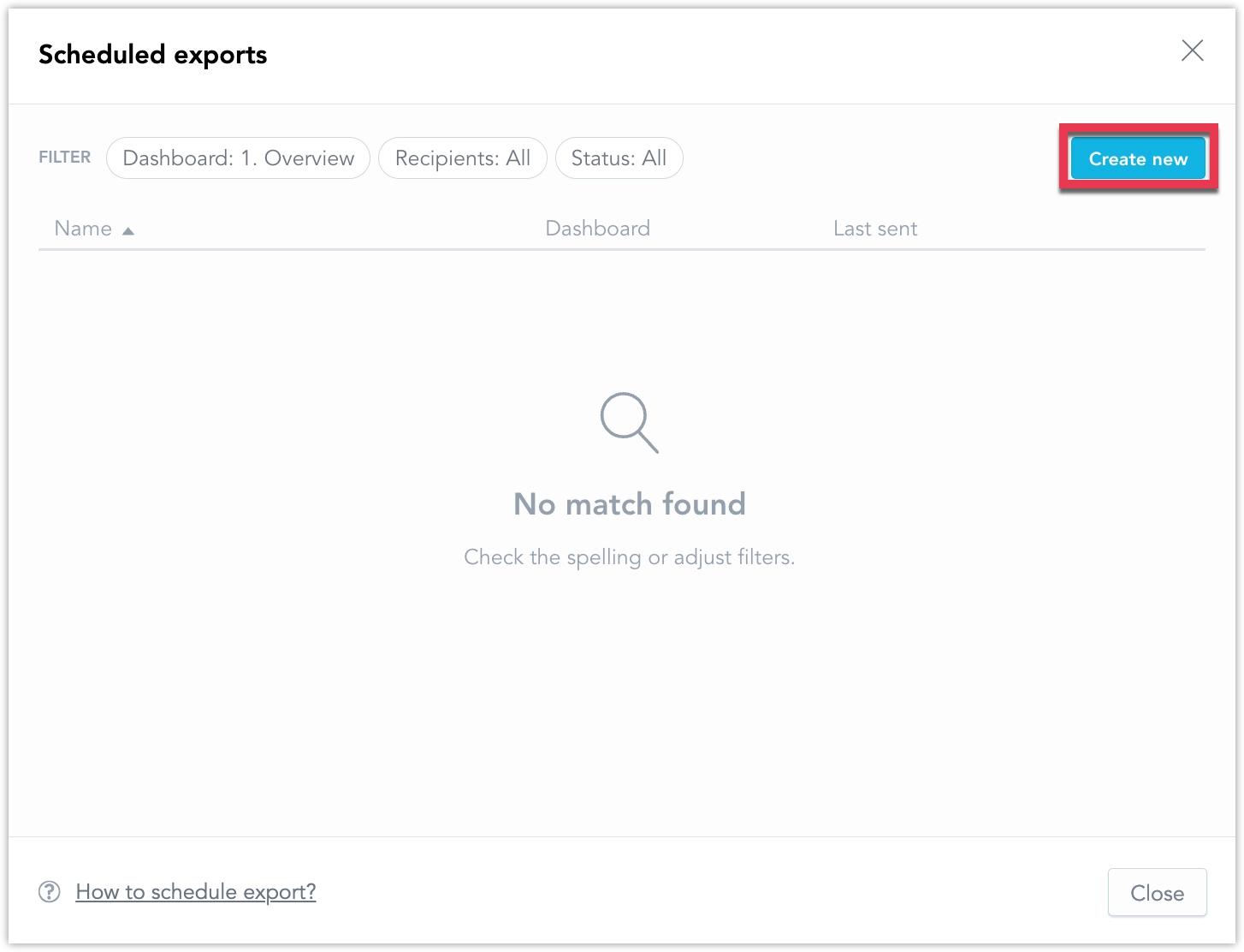 Screenshot of the scheduled exports dialog.