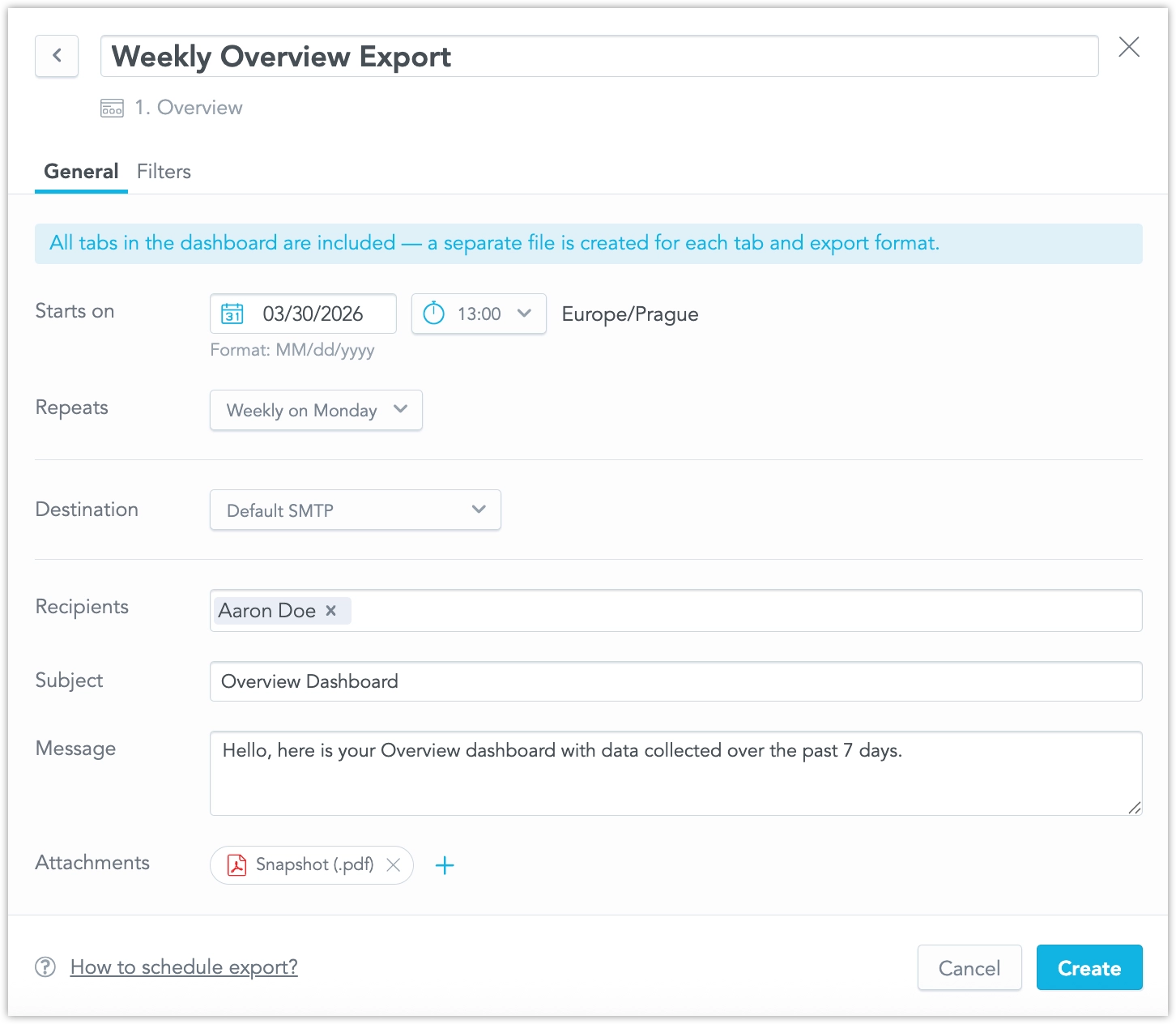 Dialog for scheduling a dashboard export, with fields for start date, time, repeat frequency, destination, recipient, subject, message, and attachments. The Create button in the bottom-right corner of the dialog is highlighted.
