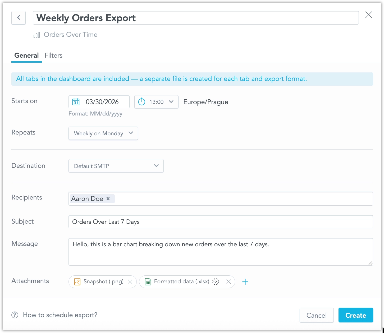 Dialog for scheduling a dashboard export, with fields for start date, time, repeat frequency, destination, recipient, subject, message, and attachments. The Create button in the bottom-right corner of the dialog is highlighted.