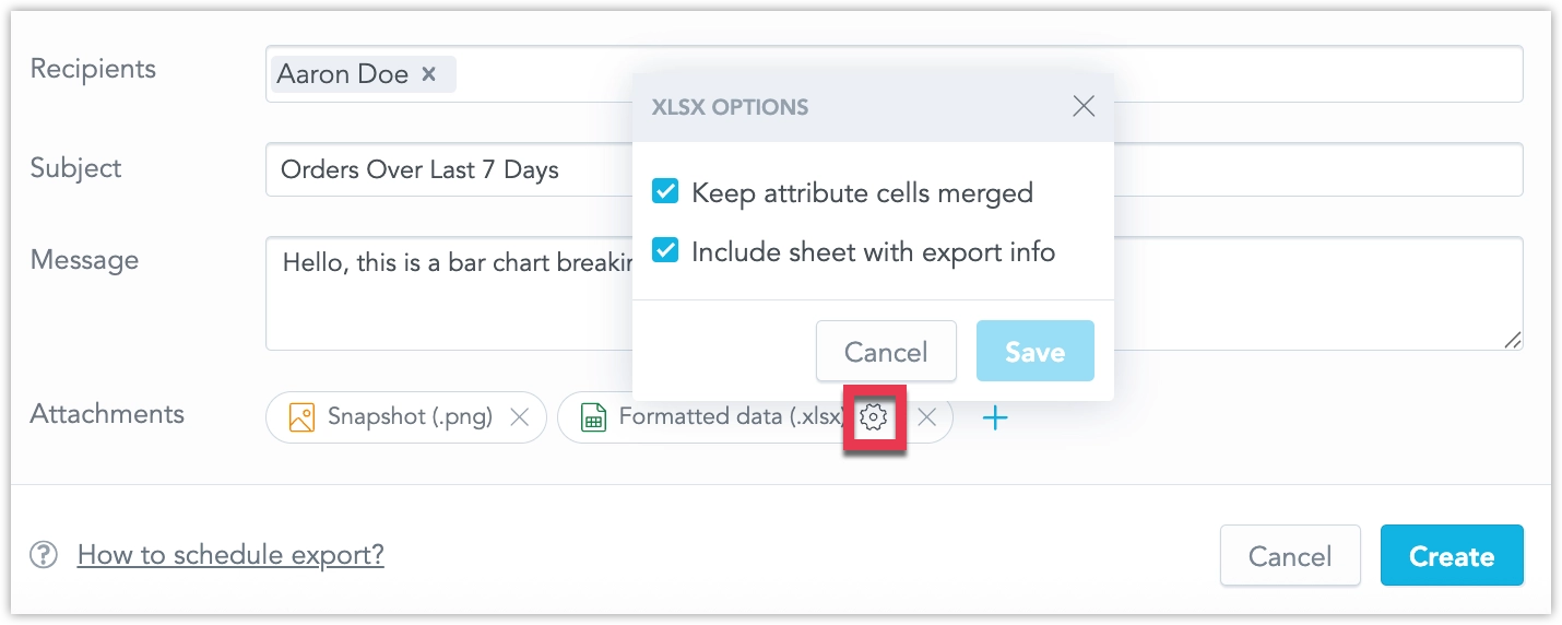 XLSX export options dialog containing the Keep attribute cells merged and Include sheet with export info settings.