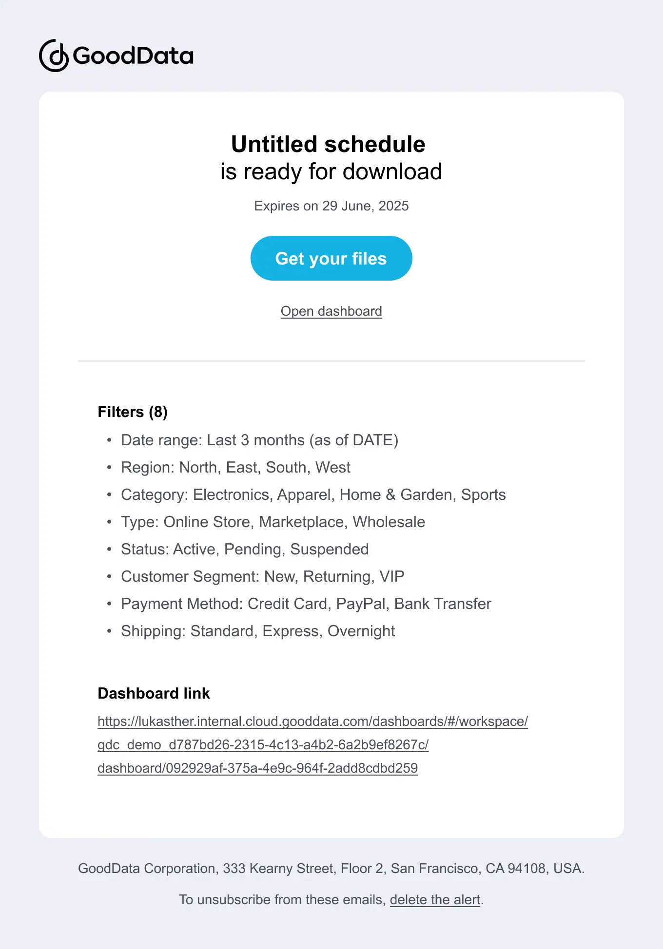 Email template for scheduled dashboard exports. The message includes a subject line with a dashboard name variable followed by a body text that lists dashboard filters, provides a download link, and offers unsubscribe instructions.