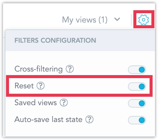 The Filters configuration dialog with the Reset toggle highlighted.