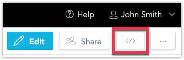 Embedding options button highlighted in the top-right corner of a dashboard, labeled with angle bracket symbols and used to generate iframe embedding code.