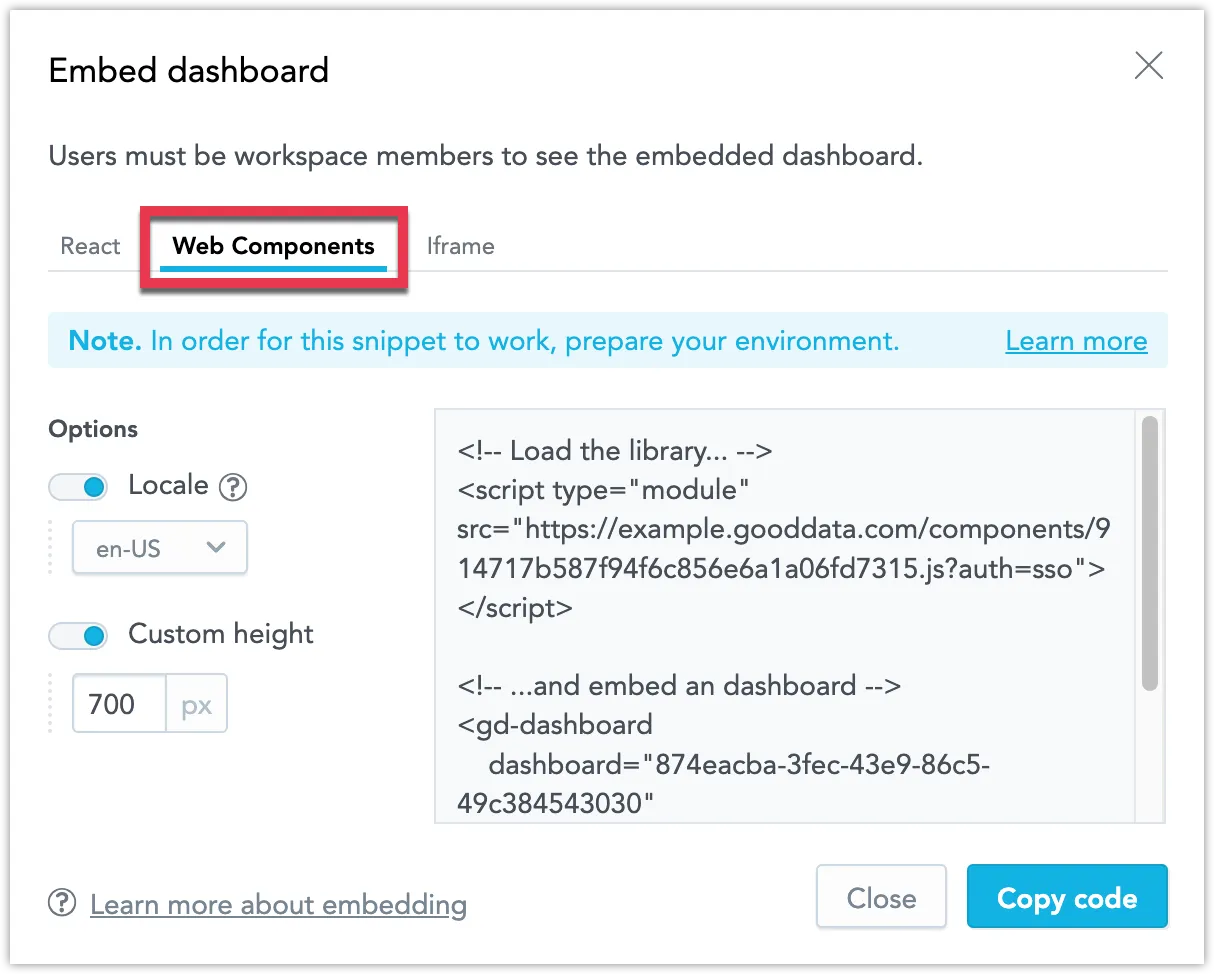 Embed dashboard dialog showing the Web components tab selected and a code snippet displayed for copying. Using the configuration panel to the left, you can define the Locale and or Custom height.
