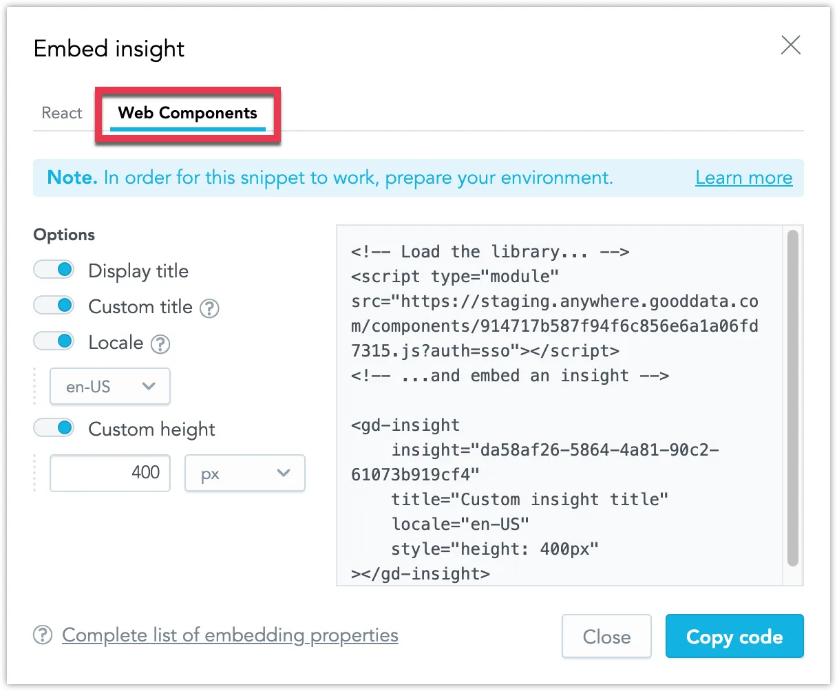 Embed visualization dialog showing the Web components tab selected and a code snippet displayed for copying. Using the configuration panel to the left, you can define the Display or Custom title, Locale, or Custom height.