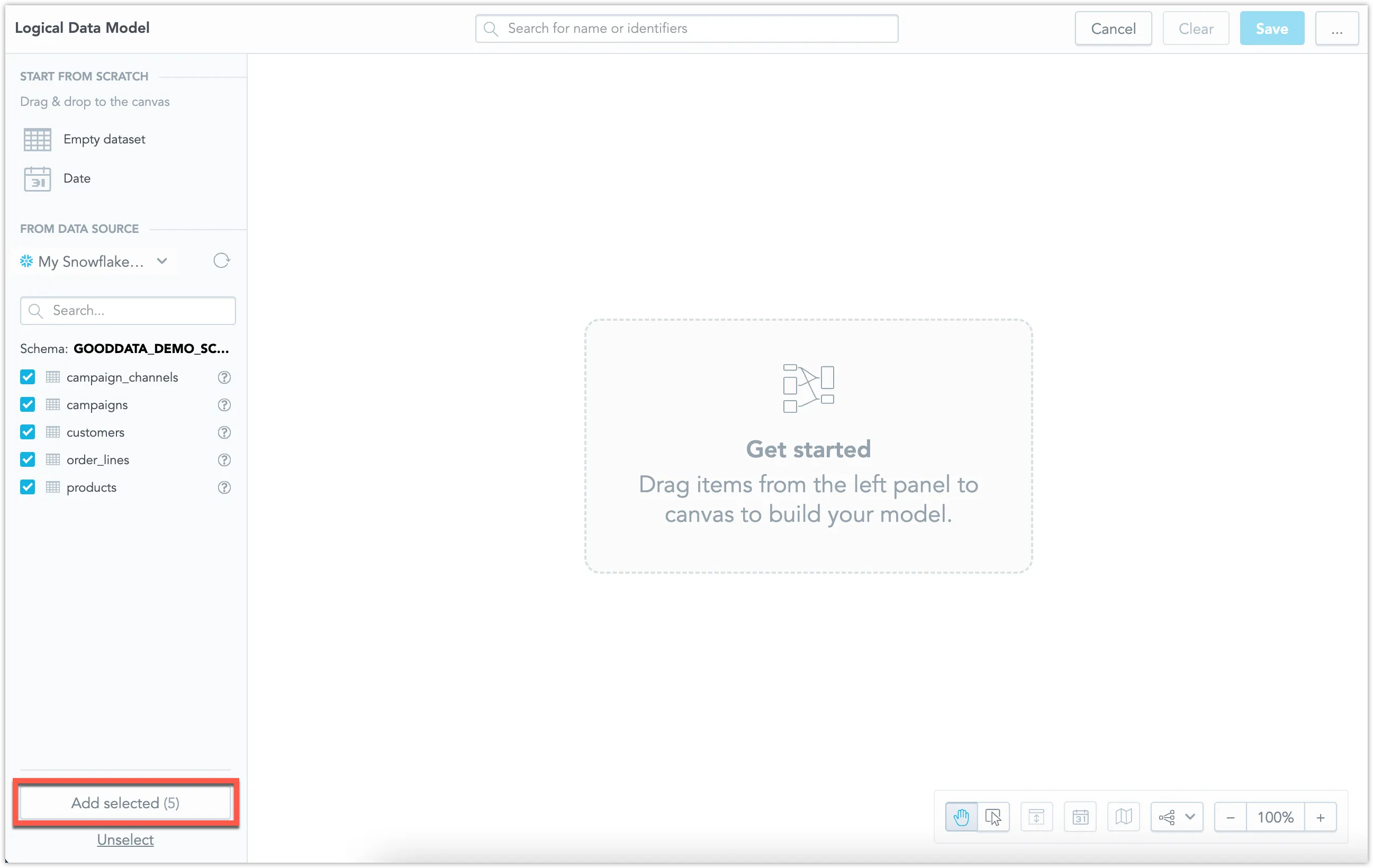 Logical Data Model canvas with no datasets yet placed. On the left, the Snowflake data source is connected and five tables are selected from the schema. The Add selected button at the bottom of the panel is highlighted.
