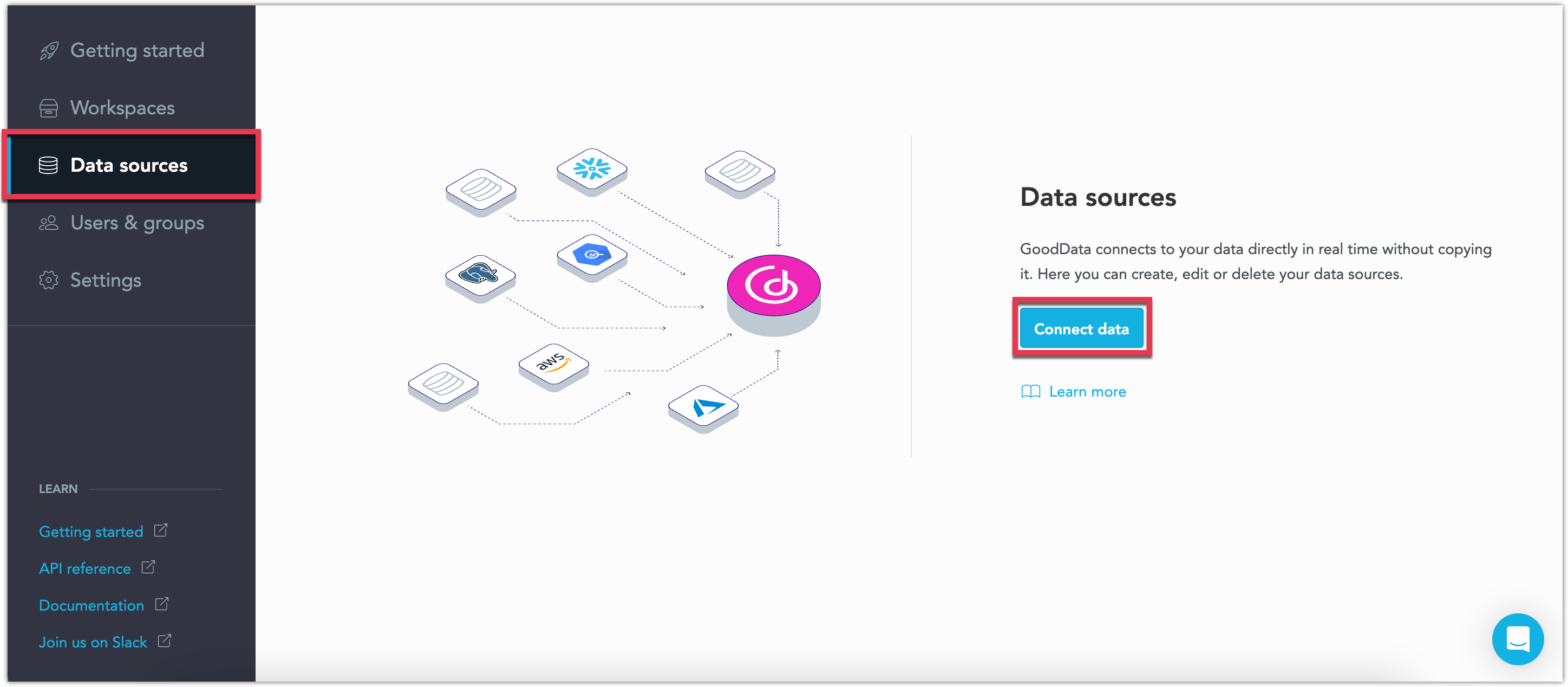 The Data sources page with the Connect data button to add a new data source.