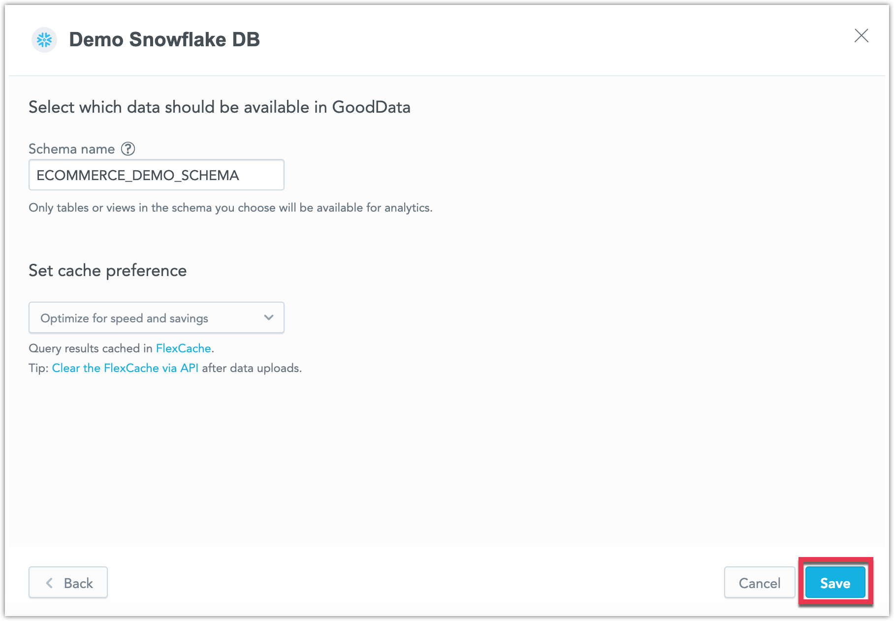 Second part of the Data source creation dialog for setting up schemas and caching.