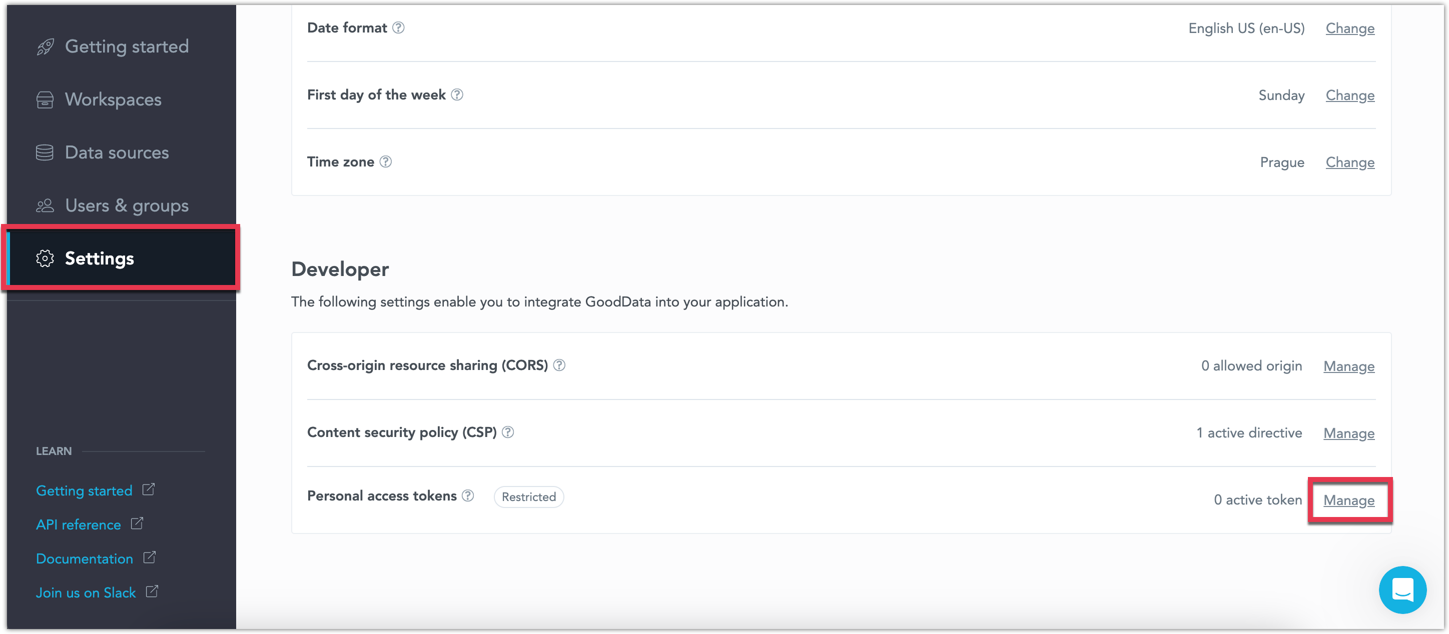 Settings page highlighting the Personal access tokens section under Developer settings.