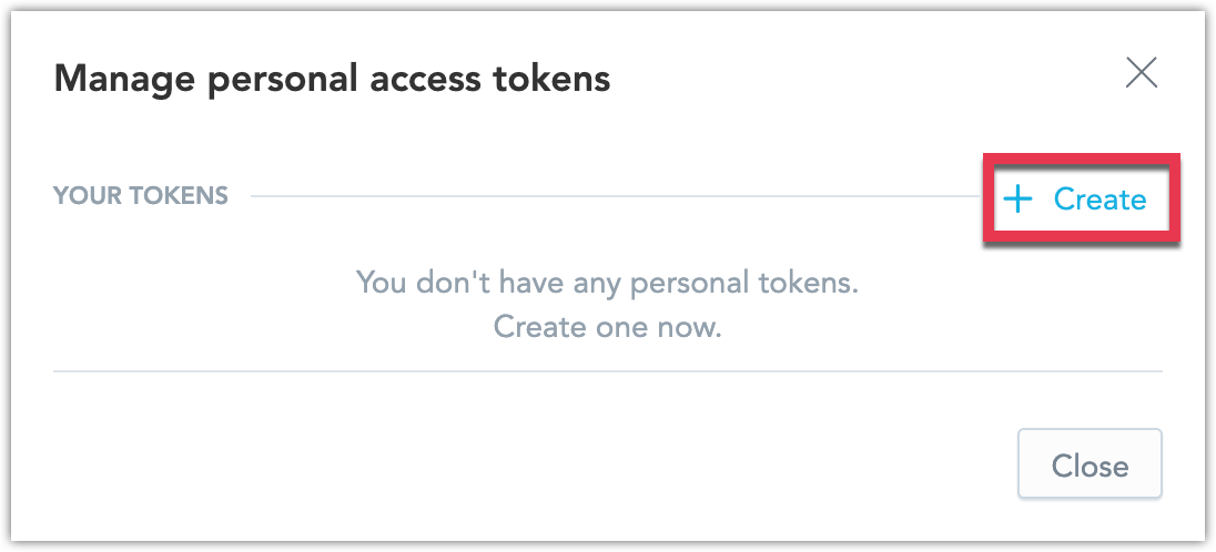 Manage personal access token dialog with an option to create a new token.