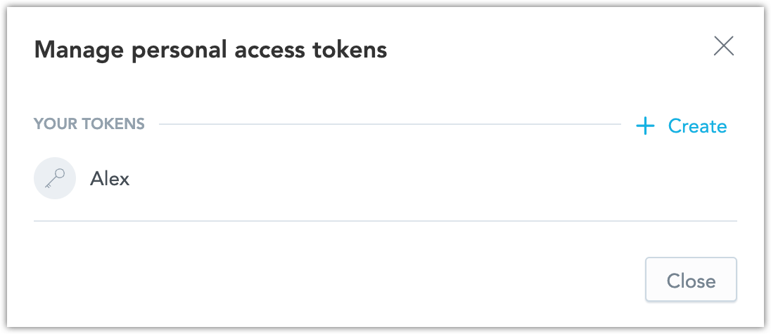 Manage personal access token dialog showing the newly created token in the list of existing tokens.