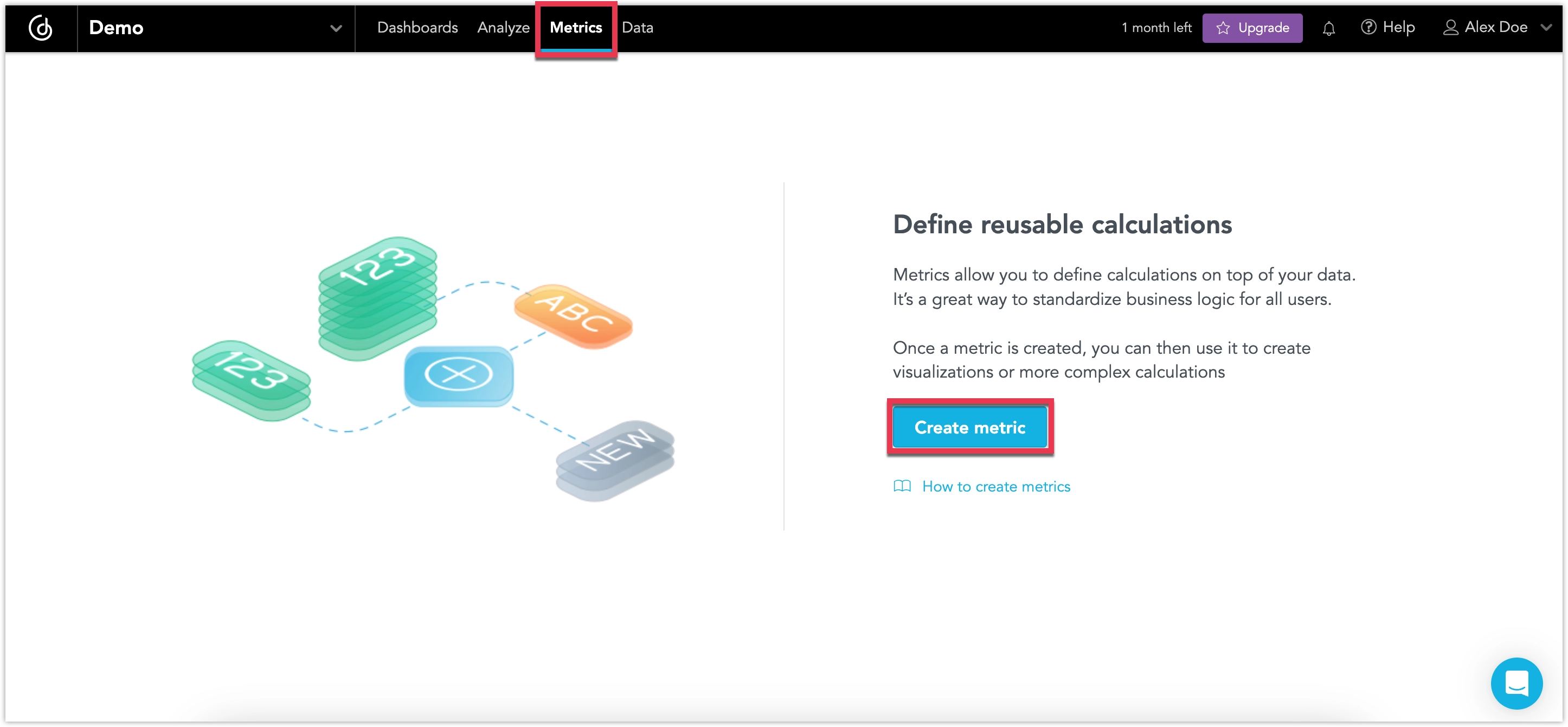 The Metrics tab with the Create Metric button highlighted.