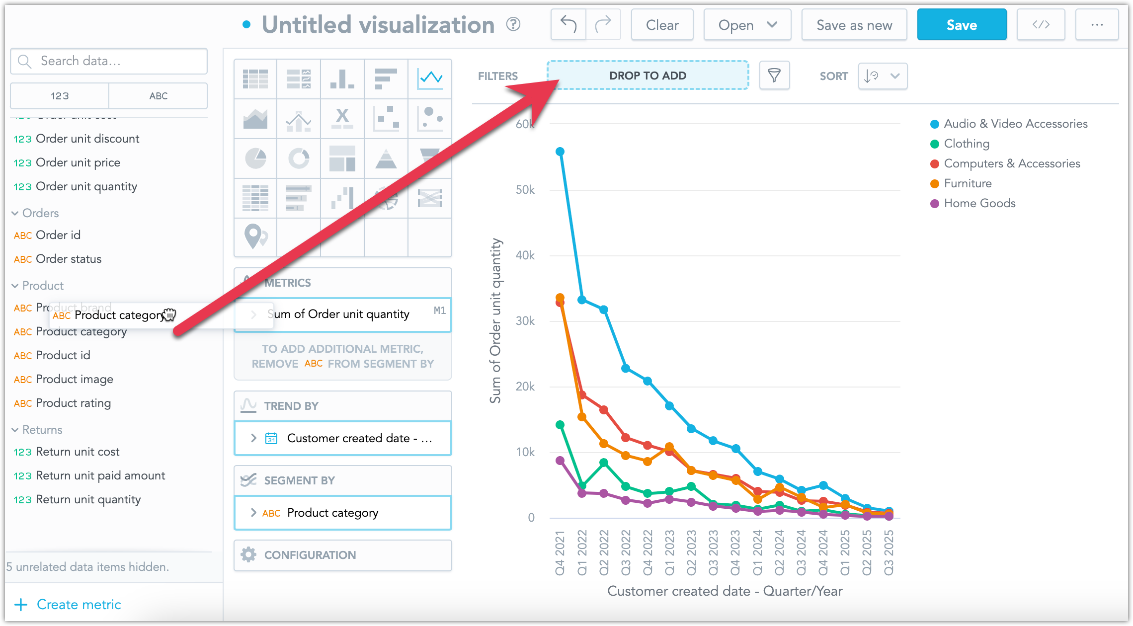 The Product category attribute being dragged into the Filters bucket.
