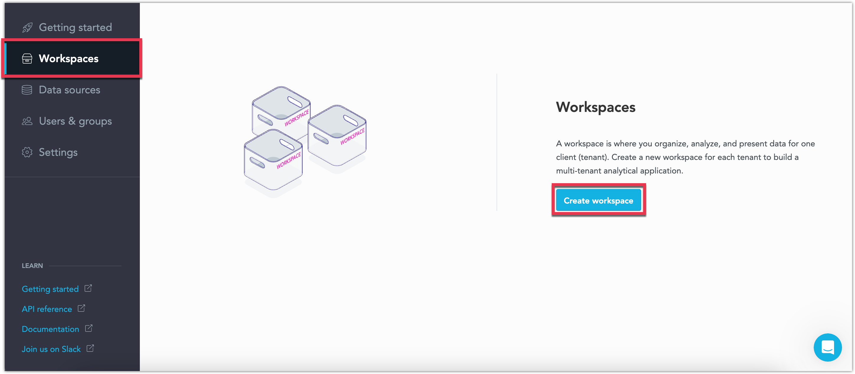 The Workspaces tab with the Create Workspace button highlighted.