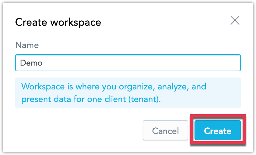 The Create Workspace dialog with the Create button highlighted.