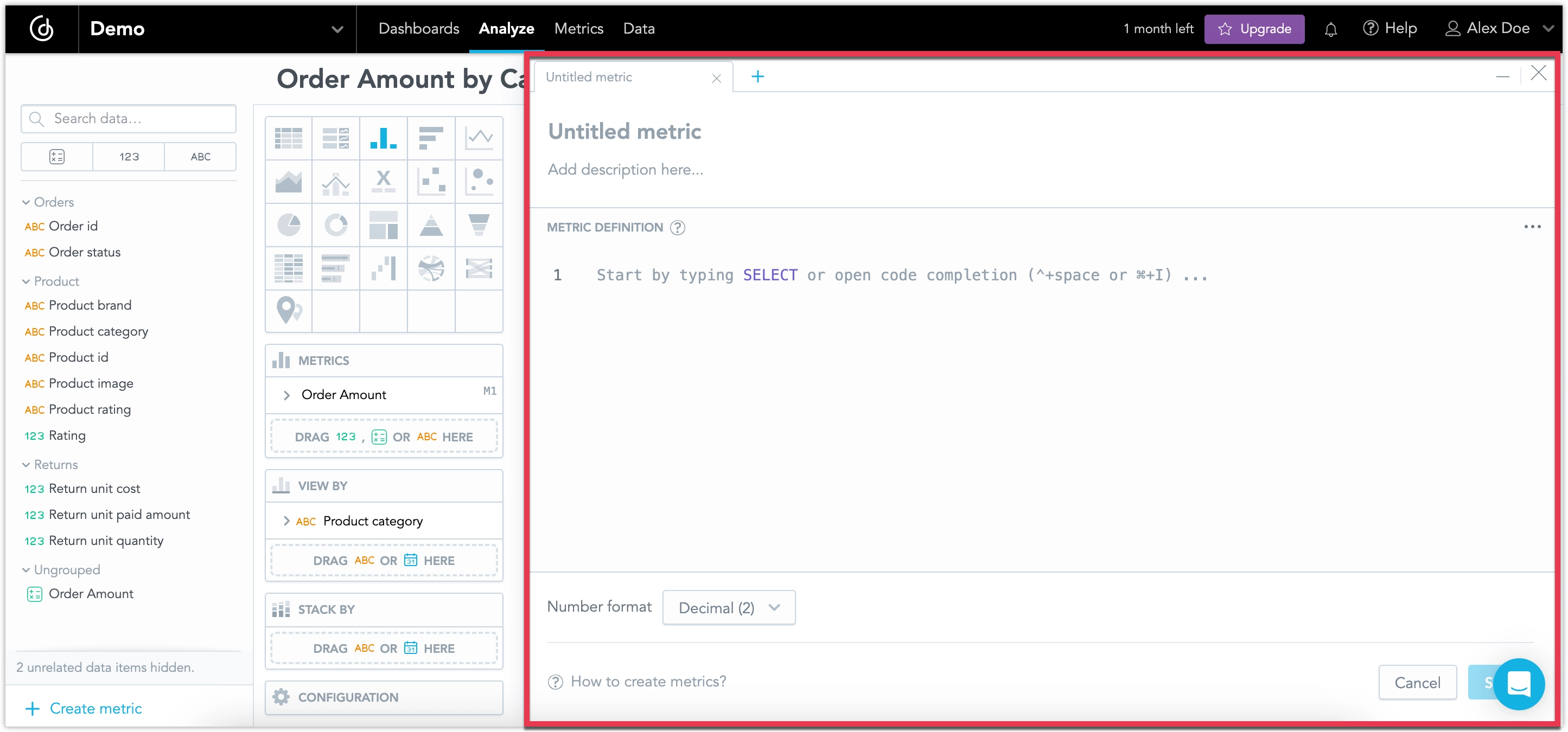 The Analyze tab with the newly opened metric editor.