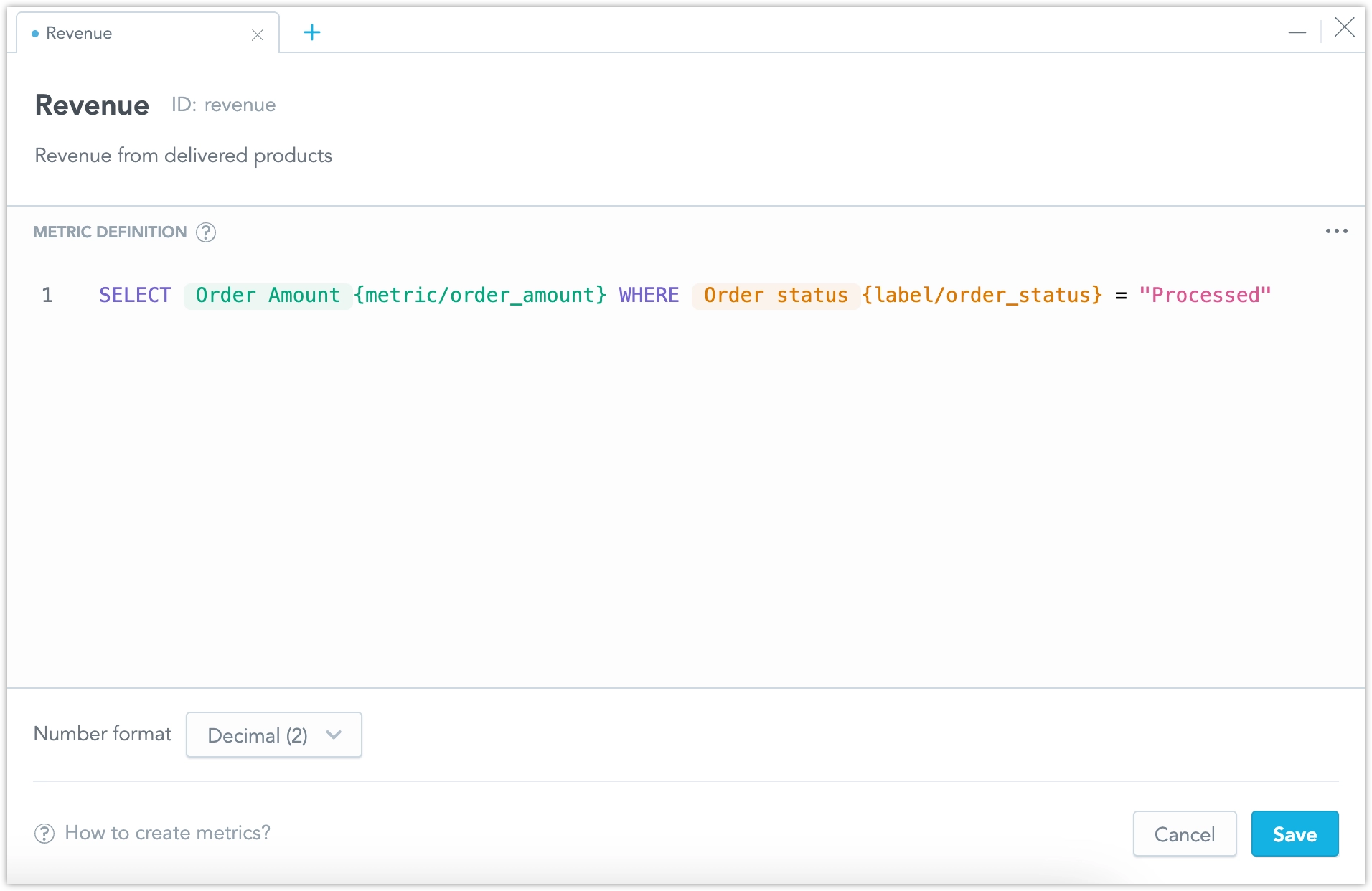 The metric editor dialog with the MAQL query filled in.