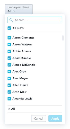 AttributeFilterButton dropdown open with a searchable list of attribute values and Apply and Cancel buttons
