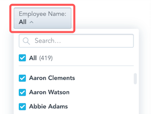AttributeFilterButton dropdown button showing the attribute name, Employee Name, and the selection, All