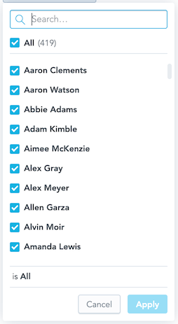 Dropdown body with the search bar, the element list, and the action buttons