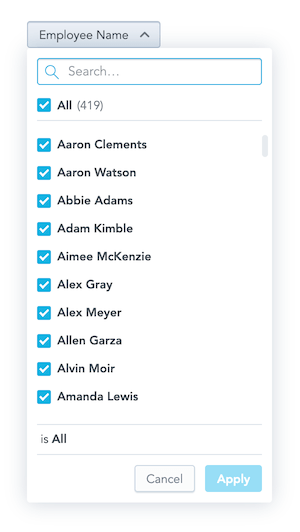 AttributeFilter dropdown open with a searchable list of attribute values and Apply and Cancel buttons